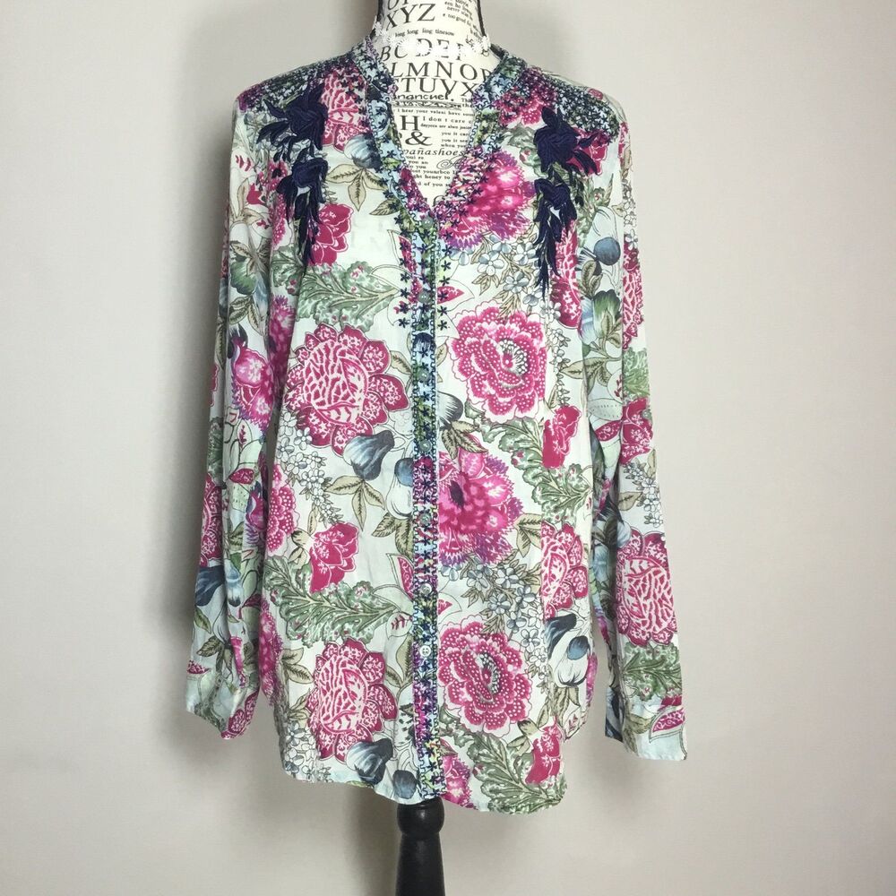 Bold floral button down blouse embroidered 100% cotton hippie boho pink navy L